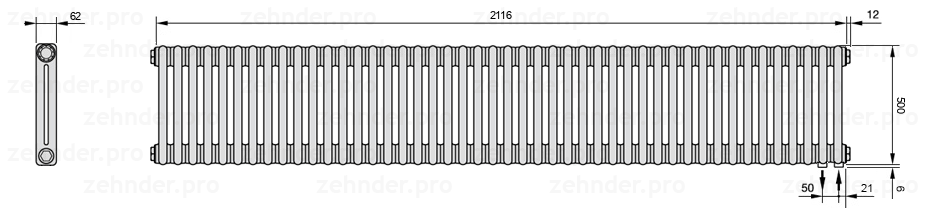 Схема (чертеж) Радиатор Zehnder Charleston 2050/46 №5510 Белый глянцевый RAL 9016